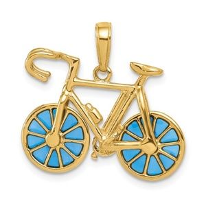 14k Yellow Gold 3-D Blue Enameled moveable Wheel Bike Bicycle Charm Pendant